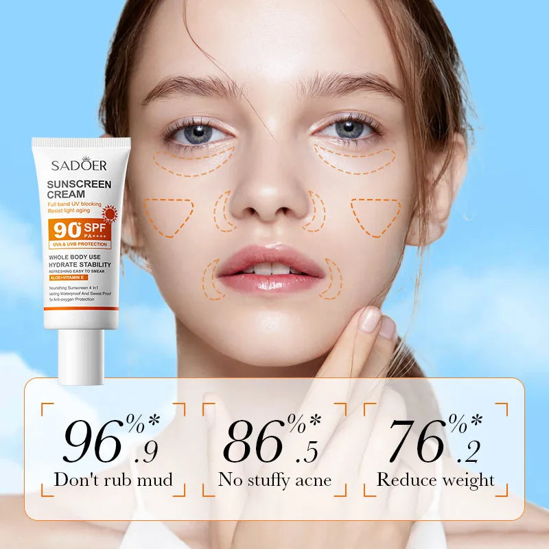 Sadoer Sunscreen Cream With High Protection SPF 90+ PA+++ Whitening Waterproof Sweatproof Lasting Moisturizing 50g